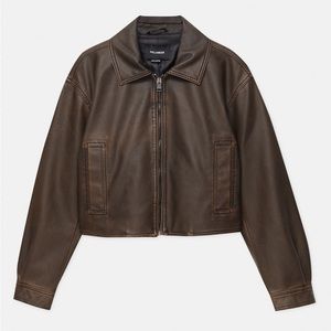 Pull&Bear Cropped Brown Distressed Faux Leather Jacket